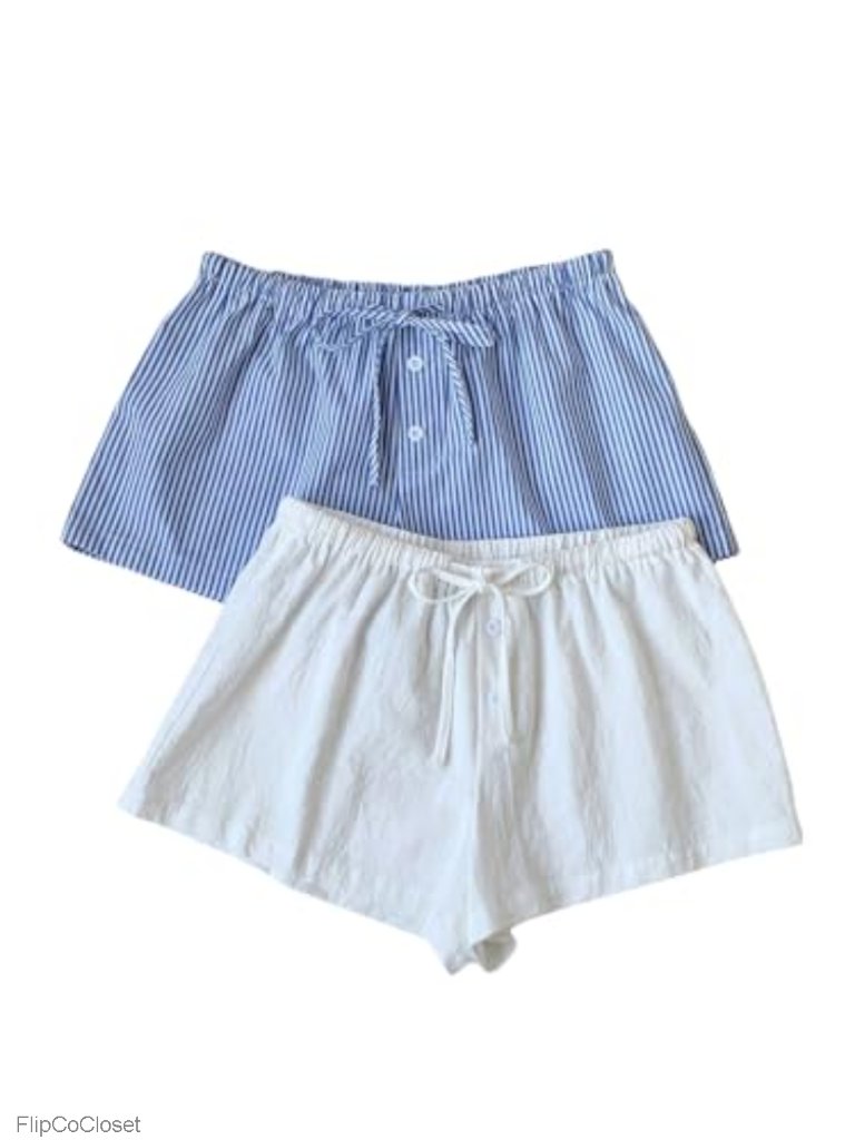 2 Pack Striped Linen Mini Shorts Drawstring Button Front Lounge Shorts